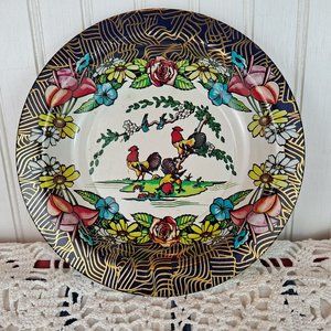 Vintage Action Industries Brazil Rooster Roses Metal Bowl